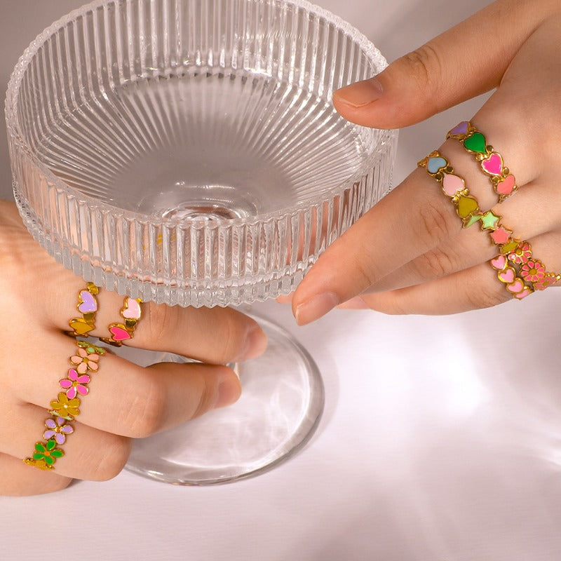 Wholesale Stainless Steel Enamel Oil Drip Colorful Flower Love Adjustable Titanium Steel Bohemian Style Open Rings